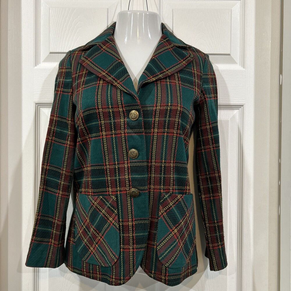 Vintage Jack Winter Polyester Plaid Blazer 1970s Wide Lapel Fitted Women's M